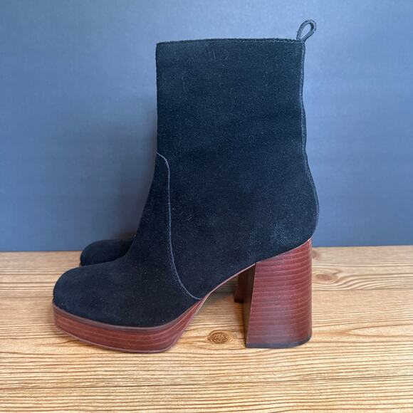Marc Fisher Marisa Black Suede Chunky Wood Platform Block Heeled Bootie Boot 8.5 - Picture 1 of 14